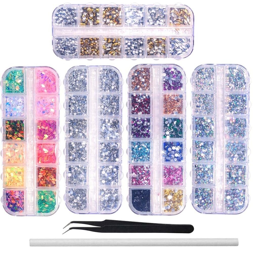6400pcs Nail Art Rhinestones, Nail Crystal Gems Nail Diamonds, Gold Silver Nail